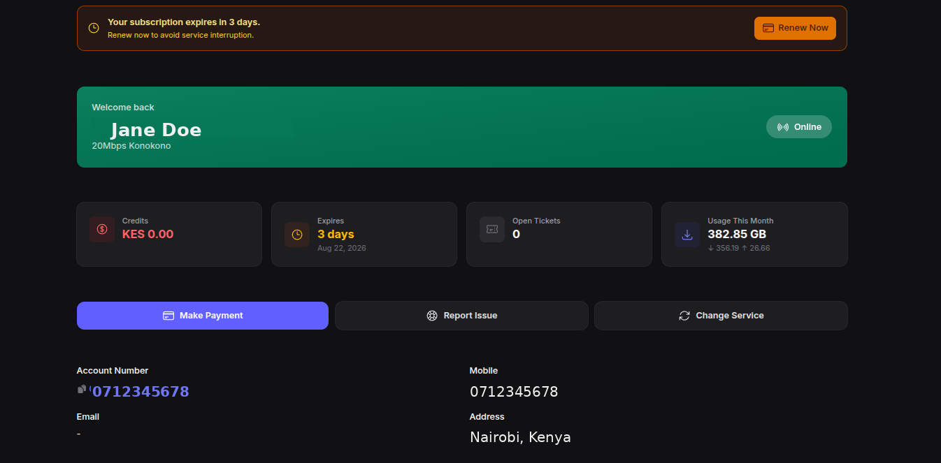 LimeFiber customer portal dashboard showing account details, credits, open tickets and monthly usage