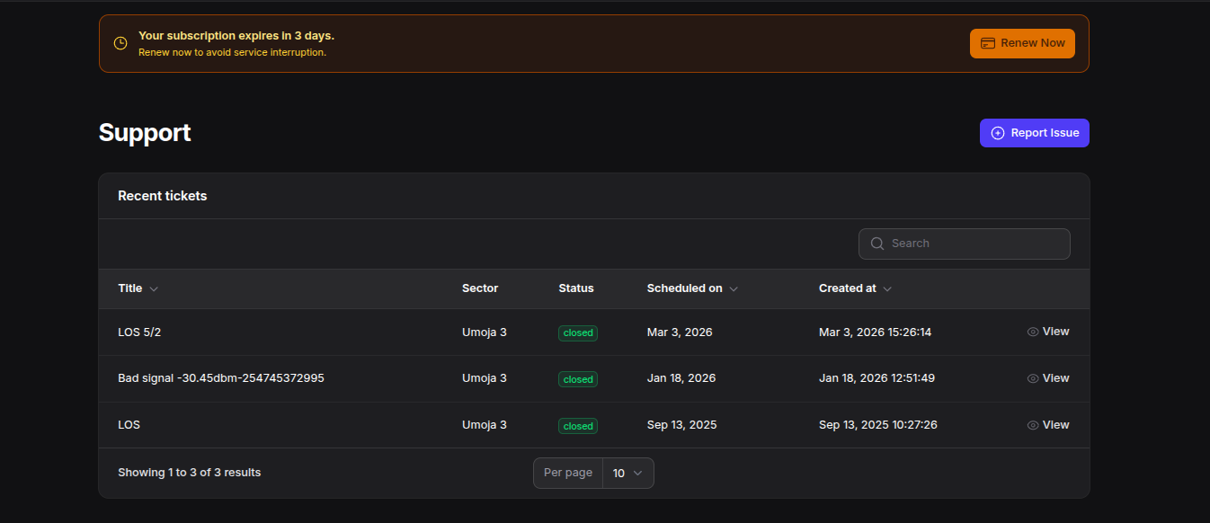 LimeFiber customer portal support page listing recent tickets and their status